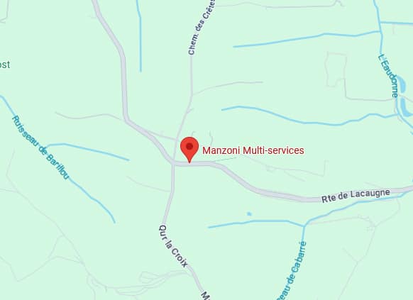 Carte localisant Manzoni Multi-services à une intersection, près du Ruisseau de Barillou, du Chem. des Crèes, de la Rte de Lacaune et de l'Eau de Cabarré.